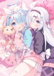  2girls arona_(blue_archive) bed black_hairband blue_archive blue_halo blue_pupils braid hair_over_one_eye hairband halo highres kano_hito long_hair multiple_girls plana_(blue_archive) red_halo short_hair single_braid stuffed_animal stuffed_toy stuffed_whale teddy_bear 