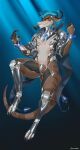  abstract_background absurd_res android anthro armor bracelet cape clothing cybernetics dragon floating hi_res horn jewelry machine male okata robot shoulder_pads solo thick_thighs 