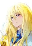  1boy ascot blue_ascot blue_eyes closed_mouth coat fate/grand_order fate_(series) hair_between_eyes heeparang kirschtaria_wodime light_blush long_hair looking_at_viewer male_focus portrait simple_background solo white_background white_coat 