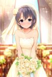  1girl bare_shoulders blurry blurry_background blush bouquet bridal_veil chair church closed_mouth collarbone cowboy_shot dress earrings flat_chest flower grey_eyes grey_hair hair_flower hair_ornament highres holding holding_bouquet idolmaster idolmaster_cinderella_girls idolmaster_cinderella_girls_starlight_stage indoors jewelry looking_at_viewer m172/minatsu necklace otokura_yuuki pearl_necklace rose short_hair sleeveless sleeveless_dress smile solo sparkle standing strapless strapless_dress sunlight veil wedding_dress white_dress white_flower white_rose 