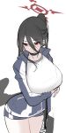  1girl ban_mumani black_hair blue_archive blue_jacket blue_shorts blush breasts closed_mouth cowboy_shot hair_between_eyes halo hasumi_(blue_archive) hasumi_(track)_(blue_archive) high_ponytail highres huge_breasts jacket large_breasts long_hair long_sleeves looking_to_the_side red_eyes red_halo shirt shorts simple_background solo very_long_hair white_background white_shirt 