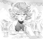  1girl bare_shoulders blush breasts chair cup food fork greyscale highres holding holding_spoon jewelry looking_at_viewer mogudan monochrome necklace one-punch_man open_mouth pearl_necklace pov pov_across_table sitting solo_focus spoon table tatsumaki 