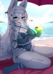  absurd_res anthro beach blue_body blue_fur bow_ribbon breasts canid canine canis clothed clothing female fox fur green_eyes hair hi_res looking_at_viewer mammal nyaohha outside ribbons sand seaside sky smile solo umbrella water white_body white_fur white_hair 
