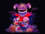  aluuuuu721 bad_end bandana bandana_waddle_dee black_background blue_bandana book cape colored_skin crown disembodied_limb highres holding holding_book horns king_dedede kirby&#039;s_return_to_dream_land kirby_(series) magolor mask master_crown meta_knight no_humans pink_skin polearm pom_pom_(clothes) spear weapon 