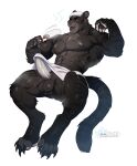  5_fingers abs anthro areola balls biped bodily_fluids claws erection eyebrows felid fingers fur genitals hi_res male mammal muscular muscular_anthro muscular_male nipples pantherine pawpads pecs penis plna solo sweat tail tongue tongue_out towel vein veiny_penis 
