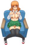  1girl bikini bikini_under_clothes black_thighhighs blunt_bangs breasts brown_eyes chair cleavage clothes_lift from_above girls_und_panzer glasses gold_bikini green_skirt knees_together_feet_apart large_breasts lifted_by_self long_hair looking_at_viewer micro_bikini on_chair ooarai_school_uniform orange_hair panties pantyshot red-framed_eyewear school_uniform semi-rimless_eyewear serafuku shirt_lift shoes simple_background sitting skirt smile solo swimsuit takebe_saori thighhighs underwear uona_telepin uwabaki wavy_hair white_background 