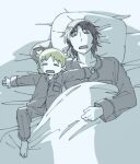  1boy 1girl barefoot bed_sheet black_hair closed_eyes collared_shirt father_and_daughter from_above green_hair highres koiwai_yotsuba long_sleeves lying marutei2 mr._koiwai on_back on_bed open_mouth outstretched_arms pajamas pants pillow quad_tails shirt short_hair sleeping under_covers yotsubato! 