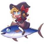  1girl absurdres apron black_capelet black_footwear black_gloves black_headwear black_skirt black_vest blonde_hair blue_eyes blush bow bowtie bright_pupils brown_apron buttons capelet chibi commentary_request cookie_(touhou) elbow_gloves eyes_visible_through_hair fish full_body gloves hand_on_headwear hat hat_bow highres kirisame_marisa looking_afar mary_janes medium_bangs meguru_(cookie) mixed-language_commentary open_mouth red_bow red_bowtie ripped_colors second-party_source shoes short_hair simple_background skirt skirt_set smile solo spanish_commentary sparkle touhou tuna vest waist_apron white_background white_pupils witch_hat 