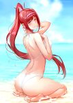  1girl arm_behind_head ass back beach bikini blue_sky blurry blurry_background blush breasts cloud commentary_request glimmer_(xenoblade) hand_on_own_chest highres large_breasts long_hair outdoors parted_lips partial_commentary partially_submerged ponytail red_eyes red_hair shiro_font shoulder_blades sideboob sitting sky solo string_bikini swimsuit toes untied untied_bikini very_long_hair wardrobe_malfunction wariza white_bikini xenoblade_chronicles_(series) xenoblade_chronicles_3 xenoblade_chronicles_3:_future_redeemed 