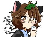  1girl animal_ears bangs black_jacket brown_eyes brown_hair closed_mouth collared_shirt formal futatsuiwa_mamizou glasses holding jacket leaf leaf_on_head looking_at_viewer lowres mib_mamizou raccoon_ears raccoon_girl shirt short_hair solo tatsu_toyoyo touhou transparent_background white_shirt 