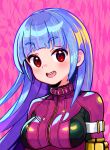  1girl belt blue_hair bodysuit breasts gloves hand_on_own_arm highres kula_diamond long_hair looking_at_viewer medium_breasts pink_background purple_eyes smile the_king_of_fighters turtleneck upper_body user_attv7427 zipper 
