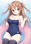  1girl :d bare_arms bare_shoulders black_thighhighs blue_one-piece_swimsuit blush breasts brown_eyes brown_hair cleavage collarbone commentary competition_school_swimsuit covered_navel hair_between_eyes hair_ribbon hand_on_own_chest highres innertube izuminanase large_breasts long_hair looking_at_viewer one-piece_swimsuit open_mouth original pink_ribbon ribbon school_swimsuit smile solo sparkle strap_pull swimsuit thigh_gap thighhighs two_side_up water 