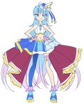  1girl asymmetrical_clothes asymmetrical_legwear bare_shoulders blue_eyes blue_footwear blue_hair blue_headwear blue_skirt blue_theme boots commentary_request cosplay cure_butterfly cure_butterfly_(cosplay) cure_sky earrings eyelashes fpminnie1 gradient_hair happy headwear_request highres hirogaru_sky!_precure jewelry long_hair looking_at_viewer magical_girl midriff multicolored_hair navel pantyhose pink_hair precure shirt simple_background single_leg_pantyhose sketch skirt smile solo sora_harewataru standing streaked_hair thigh_strap very_long_hair white_background wrist_cuffs 