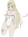  1girl bare_legs bare_shoulders blonde_hair blush breasts chest_jewel choker cleavage earrings highres jewelry kame_0_0_kame large_breasts long_hair looking_at_viewer mythra_(radiant_beach)_(xenoblade) mythra_(xenoblade) one-piece_swimsuit solo swept_bangs swimsuit thigh_strap very_long_hair white_choker white_one-piece_swimsuit xenoblade_chronicles_(series) xenoblade_chronicles_2 yellow_eyes 