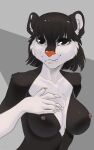  absurd_res anthro big_breasts breasts claws digital_media_(artwork) female fingers front_view fur hair half-length_portrait hi_res looking_at_viewer mammal nipples nude portrait sahary shaded shy simple_background smile solo solo_focus standing teeth 