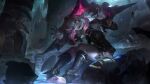  1girl 2boys :d ahoge armor armpits blue_cape breasts briar_(league_of_legends) cape fingernails gloves grey_eyes hair_between_eyes hands_up hat helmet highres i_love_my_supp jester_cap kneehighs league_of_legends medium_breasts multiple_boys official_art pillar pink_hair pointy_ears ruins sharp_fingernails sharp_teeth shiny_skin sitting sitting_on_stairs sleeveless smile socks soldier solo_focus stairs teeth toeless_footwear toenails toes vampire white_hair 