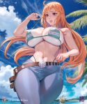  1girl ahoge artist_logo arttoru bare_arms belt bikini bikini_top_only blue_pants blue_sky blurry blurry_background blush breasts brown_belt brown_eyes cloud cloudy_sky commentary curvy day denim english_commentary floating_hair going_merry green_bikini highres jeans lips long_hair looking_down nami_(one_piece) navel ocean one_piece orange_hair outdoors palm_leaf palm_tree pants panty_straps parted_lips patreon_logo patreon_username skindentation sky solo swimsuit thick_thighs thighs tree underboob underwear water 