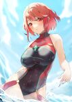  1girl absurdres bare_shoulders black_one-piece_swimsuit blush breasts chest_jewel competition_swimsuit covered_navel earrings expressionless gem headpiece highres jewelry kuronyan9630 large_breasts looking_at_viewer ocean one-piece_swimsuit partially_submerged pyra_(pro_swimmer)_(xenoblade) pyra_(xenoblade) red_eyes red_hair red_one-piece_swimsuit short_hair solo swept_bangs swimsuit tiara two-tone_swimsuit water wet wet_clothes wet_hair wet_swimsuit xenoblade_chronicles_(series) xenoblade_chronicles_2 