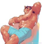  1boy abs animal_ears aqua_shorts arm_behind_head armpit_hair armpits bara boar_boy boar_ears come_hither ep06 facial_hair feet_out_of_frame forked_eyebrows furry furry_male goatee goatee_stubble large_pectorals looking_at_viewer male_focus muscular muscular_male navel_hair nipples original pectorals presenting_armpit seductive_smile short_hair shorts smile solo stomach thick_thighs thighs topless_male tusks white_background 