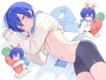 1boy animal_ears bike_shorts black_shorts blue_eyes blue_hair blue_nails blue_scarf chibi chibi_inset closed_eyes cropped_hoodie crossdressing feet_out_of_frame hair_between_eyes hood hoodie kaito_(vocaloid) long_sleeves looking_at_viewer lying male_focus mogu_(wy5xrt7w) multiple_views nail_polish navel on_side one_eye_closed otoko_no_ko rabbit_ears scarf short_hair short_shorts shorts stomach stuffed_carrot vocaloid 