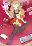  1girl absurdres animal_ears blush collarbone comb commentary_request dosya_252 fangs fennekin fox_ears full_body grey_eyes handheld_game_console highres light_brown_hair looking_at_viewer nintendo_3ds nintendo_switch on_floor pleated_skirt poke_ball poke_ball_(basic) pokemon pokemon_(game) pokemon_xy red_eyes serena_(pokemon) shirt shoes shoes_removed skirt sleeveless sleeveless_shirt slippers smile sylveon thighhighs 