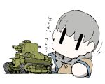  1girl black_hair braid caterpillar_tracks chibi kantai_collection landing_ship_no._101_(kancolle) military_vehicle motor_vehicle no_mouth sailor_collar school_uniform serafuku solid_eyes tank task_(s_task80) twin_braids vehicle_request |_| 