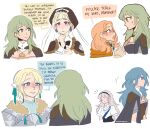  5girls annette_fantine_dominic bakuatsukiyu blonde_hair blue_eyes blue_hair blush byleth_(female)_(fire_emblem) byleth_(fire_emblem) corrin_(female)_(fire_emblem) corrin_(fire_emblem) fire_emblem fire_emblem:_three_houses green_eyes green_hair highres ingrid_brandl_galatea mercedes_von_martritz multiple_girls red_hair white_background yuri 