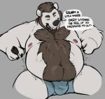  anthro bear belly body_hair cigarette digestion domestic_ferret duo english_text fur haps hi_res male mammal mustelid musteline nipple_piercing nipples overweight overweight_male piercing polar_bear smoke smoking solo talking_to_prey tcw_(character) text tralalabara_(character) true_musteline ursine vore weasel 