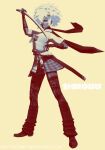  1girl artist_name dark_skin deviantart_username full_body holding holding_sword holding_weapon katana nottooabby scarf sheath simple_background solo sword weapon web_address white_hair yellow_background 