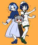  3girls anchor_symbol animal_ears black_eyes blue_dress blue_footwear blue_hair blue_hood blush bright_pupils bseibutsu colored_skin commentary_request cookie_(touhou) crystal dress flour_(cookie) full_body green_footwear grey_hair grey_skirt grey_vest hat hood hood_up jewelry kumoi_ichirin long_sleeves looking_at_another looking_at_viewer medium_bangs milk_(cookie) mouse_ears mouse_girl mouse_tail multiple_girls murasa_minamitsu nazrin neckerchief nyon_(cookie) open_mouth orange_background pendant red_eyes red_neckerchief sailor_collar sailor_hat sailor_shirt shirt shoes short_hair shorts simple_background skirt skirt_set smile standing tail touhou vest white_pupils white_shirt white_shorts white_skin 