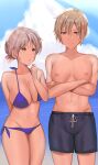  1boy 1girl :o bikini blue_bikini blue_sky breasts cleavage closed_mouth cloud crossed_arms grey_hair height_difference highres large_breasts male_swimwear navel nipples ocean open_mouth original pectorals shirt short_hair sky standing swim_trunks swimsuit topless_male w_(1999_kyu) white_shirt 