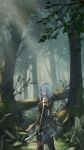  1girl a2_(nier:automata) absurdres armlet bare_shoulders black_dress black_gloves boots branch corset dappled_sunlight dress elbow_gloves forest gloves hair_over_one_eye highres holding holding_knife holding_weapon knife looking_at_viewer looking_back nature nier:automata nier_(series) rock ruins short_shorts shorts solo standing sunlight thigh_boots thighhighs thighhighs_under_boots torn_clothes tree weapon white_hair yasu_(segawahiroyasu) 