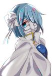  1girl bandaged_head bandages blue_hair bow cape covered_mouth fortissimo frills hair_bow hair_ornament highres mahou_shoujo_madoka_magica mahou_shoujo_madoka_magica:_walpurgis_no_kaiten miki_sayaka musical_note musical_note_hair_ornament one_eye_covered short_hair white_bow white_cape yuimura3 