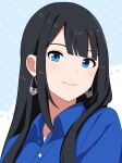  1girl amamiya_sora animification black_hair blue_background blue_eyes blue_shirt blunt_bangs buttons commentary_request earrings jewelry light_blush long_hair looking_at_viewer polka_dot polka_dot_background real_life shirt sidelocks smile solo trinitro_t upper_body 