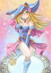  1girl bare_shoulders blonde_hair blue_footwear blue_headwear blush_stickers breasts cleavage dark_magician_girl duel_monster gradient_background green_eyes hair_between_eyes hat highres holding holding_wand large_breasts long_hair misakura_aoi pentacle staff wand wizard_hat yu-gi-oh! yu-gi-oh!_duel_monsters 