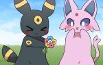  ambiguous_gender black_ears black_tail blue_sky blush duo eeveelution espeon eyes_closed flower forked_tail generation_2_pokemon grass hi_res holding_flower holding_object multicolored_ears nintendo nude open_mouth outside plant pokemon pokemon_(species) sky sum tail two_tone_ears two_tone_tail umbreon unusual_anatomy unusual_tail 
