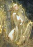  1girl blonde_hair breasts closed_eyes crystal crystal_golem dark_souls_(series) dark_souls_i dusk_of_oolacile elbow_gloves faux_traditional_media gloves head_wings highres long_hair nat_the_lich nipples nude open_mouth puffy_nipples solo wings 