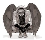  1boy boku_no_hero_academia facial_hair feathers fur-trimmed_jacket fur_trim gloves goatee hawks_(boku_no_hero_academia) headphones holding holding_feather jacket looking_at_viewer male_focus monochrome open_mouth panties rnuyvm shirt simple_background squatting tinted_eyewear underwear wings 