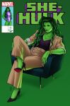  1girl armchair artist_name black_footwear black_shirt bracelet breasts brown_jacket brown_pants chair character_name cleavage colored_skin copyright_name crossed_legs english_text green_background green_eyes green_hair green_lips green_skin high_heels highres jacket jen_bartel jewelry large_breasts logo looking_at_viewer marvel open_clothes open_jacket pants ring she-hulk shirt simple_background sitting solo watermark 