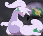  2023 6:5 belly blush bodily_fluids duo eyes_closed facesitting fluid_on_face generation_5_pokemon generation_6_pokemon genital_fluids goodra green_body green_eyes green_tail hi_res markings multicolored_body nintendo open_mouth parupoke pink_body pokemon pokemon_(species) purple_belly purple_body pussy_juice simple_background sitting_on_another snivy tail tongue wet wet_body yellow_eyelids 