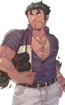  1boy bara beard_stubble bracelet carrying carrying_under_arm collared_shirt dagon_(housamo) dark-skinned_male dark_skin feet_out_of_frame fins fish_boy grey_hair jewelry long_sideburns looking_to_the_side male_focus mature_male muscular muscular_male mustache_stubble necklace noramoso pectoral_cleavage pectorals shirt short_hair sideburns slit_pupils solo thick_eyebrows tokyo_afterschool_summoners 