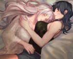  2girls bed_sheet blouse blue_hair breasts byleth_(female)_(fire_emblem) byleth_(fire_emblem) camisole closed_eyes edelgard_von_hresvelg fire_emblem fire_emblem:_three_houses hug large_breasts lips long_hair looking_at_breasts multiple_girls purple_eyes shirt shorts sleeping wh1tecookie white_hair yuri 