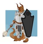  anthro armor biped blacksmith bottomwear breastplate brown_body chestmimic cleric clothing dragonborn_(dnd) dungeons_and_dragons hasbro horn male melee_weapon musclegut muscular muscular_anthro muscular_male pants scales scalie shield smile solo tail vulcan_(mike) weapon wizards_of_the_coast 