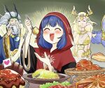  1boy 2girls beard blonde_hair blue_hair closed_eyes croissant dragon_horns duel_monster eating facial_hair fingernails food fork grey_hair highres holding holding_fork hood horns long_fingernails long_hair long_sleeves multiple_girls noodles novox_the_silenforcer_disciple old old_man omelet omurice open_mouth saffira_the_wise_silenforcer_queen salad saliva sauravis_the_sagely_silenforcer_dragon sawan_cutman table wide_sleeves yu-gi-oh! 