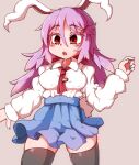  1girl animal_ears black_thighhighs blue_skirt breasts brown_background carrot_pin collared_shirt commentary cowboy_shot hair_between_eyes haruirokomici large_breasts long_hair long_sleeves looking_at_viewer necktie open_mouth pleated_skirt purple_hair rabbit_ears rabbit_girl red_eyes red_necktie reisen_udongein_inaba shirt simple_background skirt solo thighhighs touhou white_shirt 