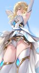  1girl armpits arms_up bare_shoulders blonde_hair blush breasts dress flower genshin_impact hair_between_eyes hair_flower hair_ornament highres long_hair lumine_(genshin_impact) open_mouth pottsness short_hair_with_long_locks sidelocks upskirt white_dress yellow_eyes 