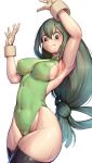  1girl arm_up armpits asui_tsuyu black_thighhighs boku_no_hero_academia brown_gloves covered_navel covered_nipples frog_girl gloves green_eyes green_hair green_leotard hair_rings hands_up highleg highleg_leotard highres leotard long_hair looking_at_viewer max_(maxlikeapicture) solo sweat thighhighs white_background 