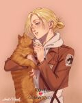  1girl affectionate animal annie_leonhardt annlu_vazzel blonde_hair blue_eyes brown_jacket cat cropped_jacket emblem hair_over_one_eye highres holding holding_animal holding_cat hood hood_down jacket long_sleeves paradis_military_uniform shingeki_no_kyojin short_hair smile solo upper_body 