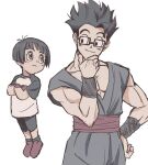 1boy 1girl black_hair child closed_mouth dragon_ball dragon_ball_super dragon_ball_super_super_hero father_and_daughter full_body glasses looking_at_another mizuame27 pan_(dragon_ball) red_footwear simple_background smile son_gohan spiked_hair white_background 