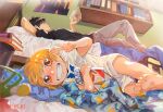  2boys barefoot bed blonde_hair blush book bookshelf commentary_request food gash_bell highres holding holding_book konjiki_no_gash!! looking_at_viewer male_child male_focus multiple_boys pocky poster_(object) t_k_g takamine_kiyomaro teeth toy v viewfinder 